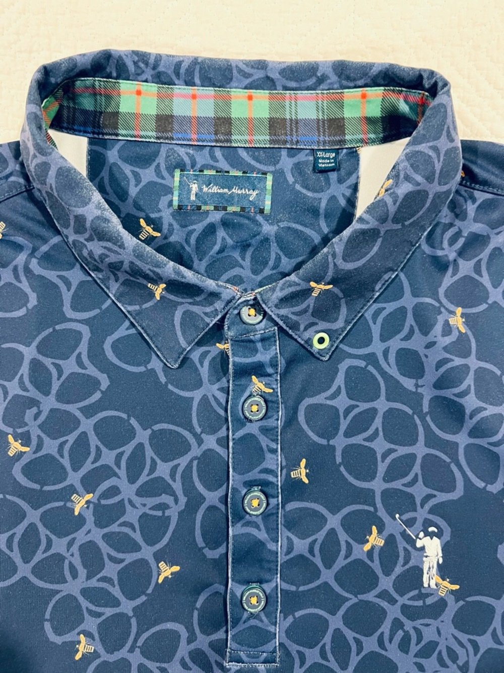 William Murray Golf Navy Polo with Gold Bee Motif